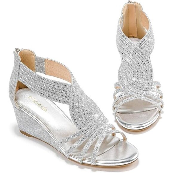 Gufobela Size 9.5 Heeled Sandals Silver Rhinestone Detailing Open-Toe Block Heel - Picture 9 of 9